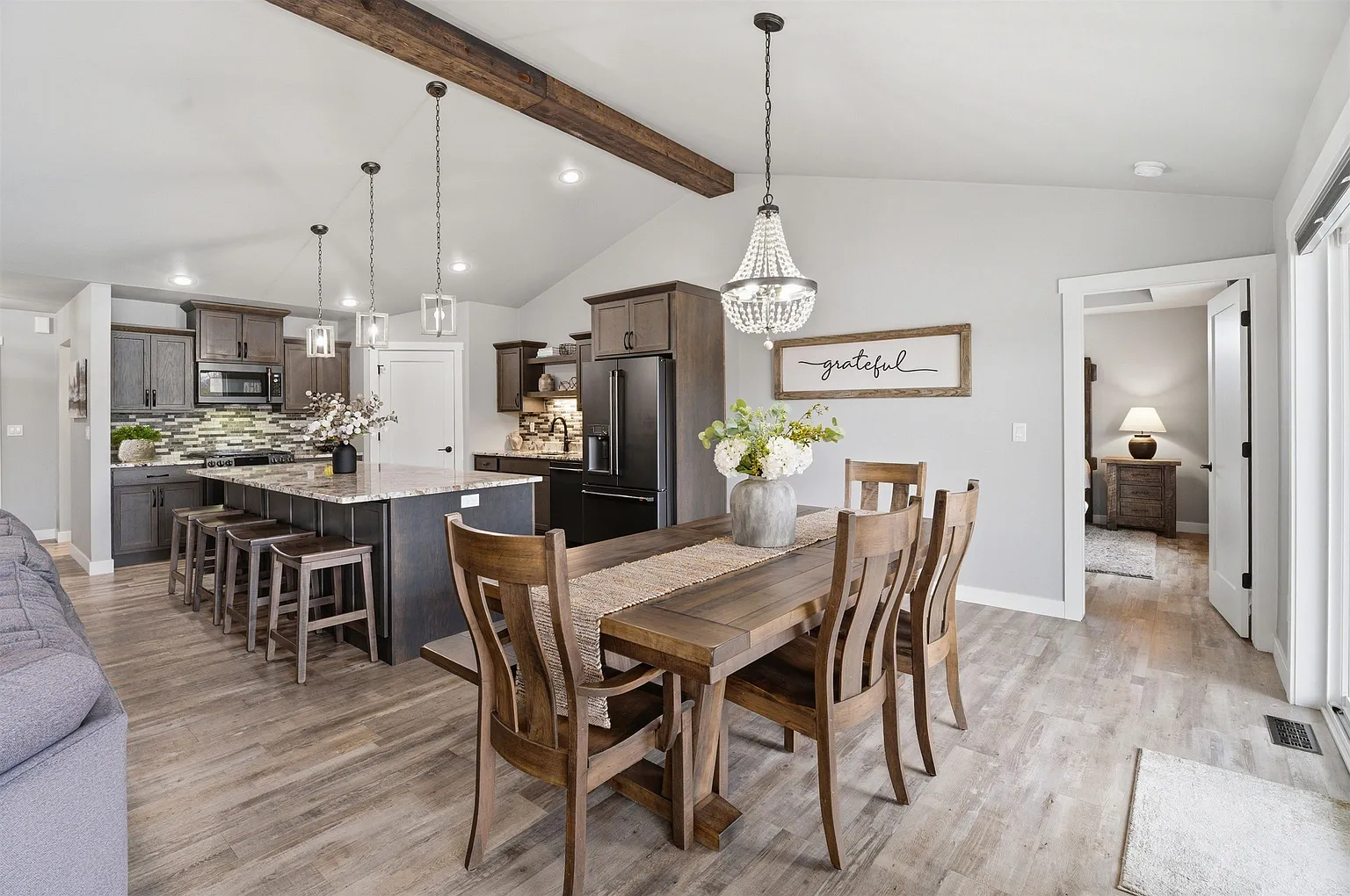 Dining area with chandelier